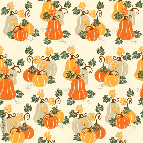Autumn pumpkins with Ivory background pattern.Perfect for fall and Thanksgiving. Seamless vector pattern