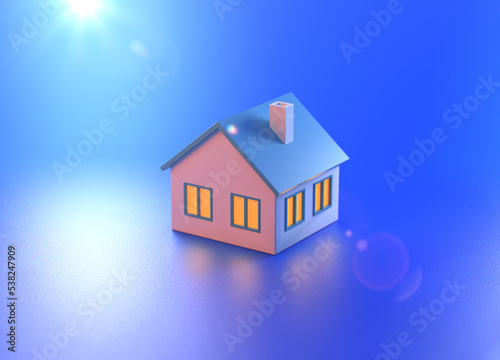 A simple 3d house on a blue background as a real estate concept or as a real estate symbol. Minimal house with light in windows. 3d render.