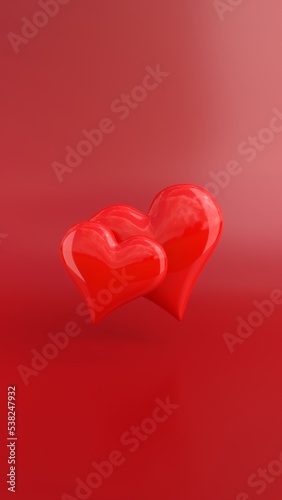 Two red shiny glossy hearts on a burgundy background. Phone wallpaper or postcard template for Valentine's Day, wedding or Women's Day. The concept of love. 3d rendering, vertical image
