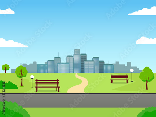 City park vector with skyscraper building and blue sky suitable for background or illustration