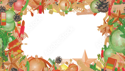 Background pattern abstract seamless design texture. Border frame, transparent background. Theme is about green, green needles, star, Christmas tree toy, tree, bobby pin, pomatum, hair clips