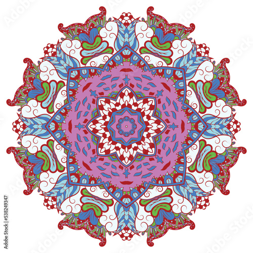 Mandala. Tracery wheel image. Mehndi design. Ethnic doodle art. Curved doodling picture. Vector