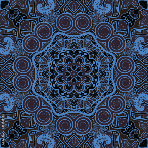 Seamless tile texture. Tracery mehndi design image. Dark toxic colors. Ethnic doodle art. Curved doodling picture. Vector