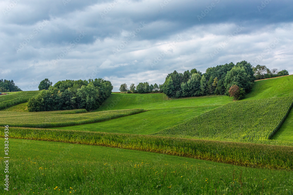 Rural countryside and farmland view at fields and meadows in late summer on a cloudy day