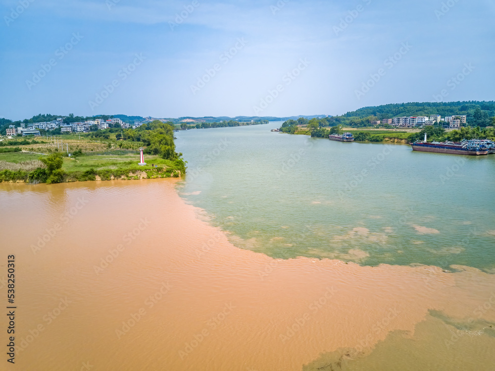 Sanjiangkou, Nanning, Guangxi, China, the dividing line where the two rivers meet