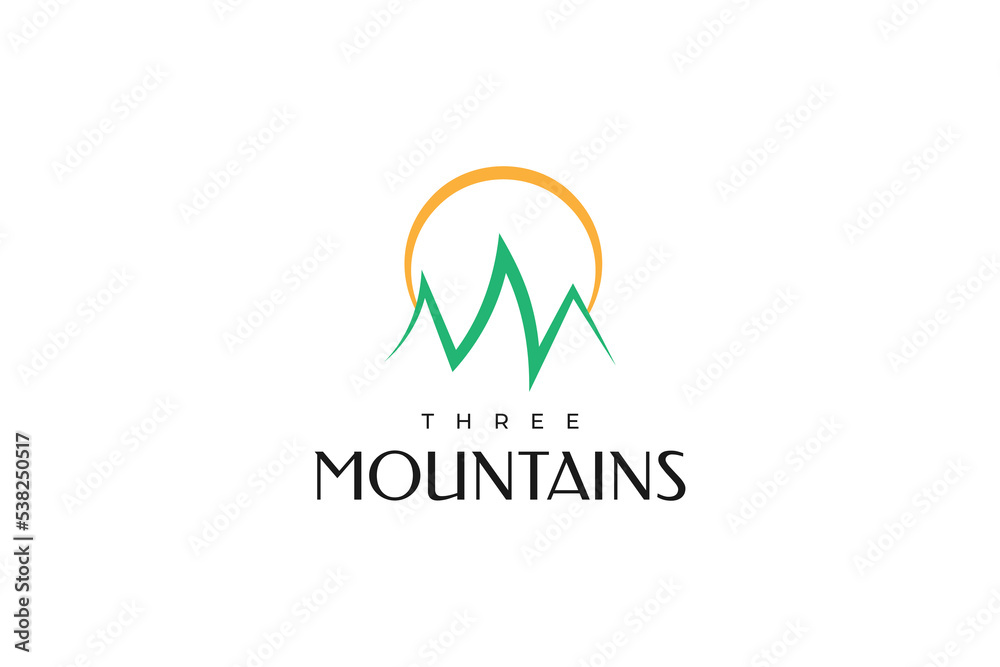 Three Green Mountains Logo with the Sun Above. Minimal Mountains Illustration for Resort, Camp and Tourism Industry Logo Three Green Mountains Logo with the Sun Above. Minimal Mountains Illustration for Resort, Camp and Tourism Industry Logo