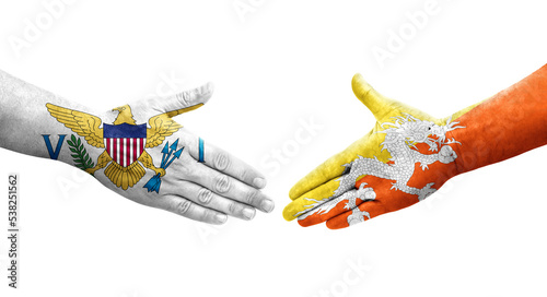 Handshake between Bhutan and Virgin Islands flags painted on hands, isolated transparent image.