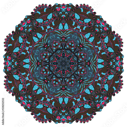 Mandala. Tracery wheel image. Mehndi design. Dark toxic colors. Ethnic doodle art. Curved doodling picture. Vector