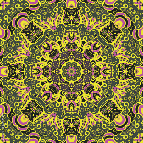 Seamless tile texture. Tracery mehndi design image. Dark toxic colors. Ethnic doodle art. Curved doodling picture. Vector