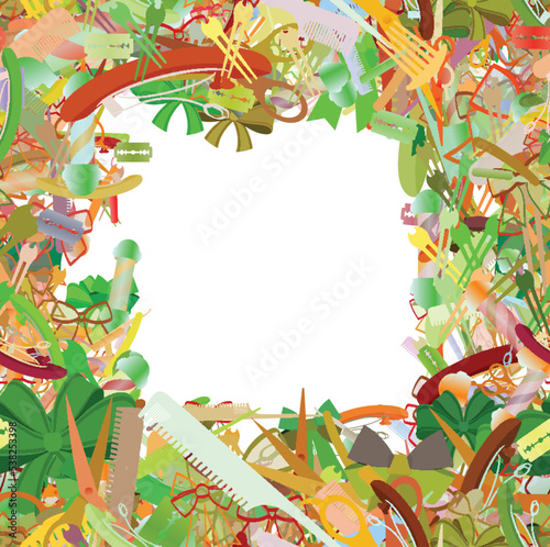 Background pattern abstract seamless design texture. Border frame, transparent background. Theme is about claw, decoration, adornment, shaving, hairpin, hairstyle, barbershop, bobby pin