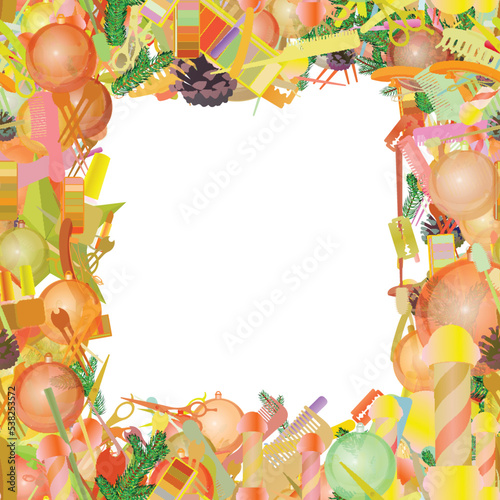 Background pattern abstract seamless design texture. Border frame, transparent background. Theme is about cosmetology, glare, pomatum, razor blade, maquillage, straight razor, season, hairdressing