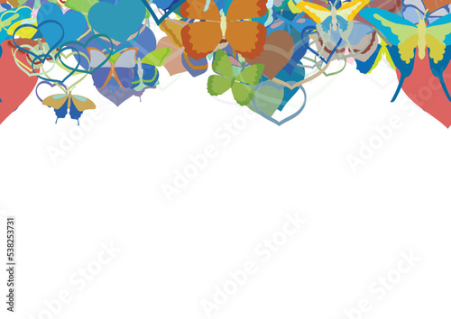 Background pattern abstract seamless design texture. Horizontal stripe. Border frame, transparent background. Theme is about summer, love, art, relations, colorful, repeat, Red Admiral, nature