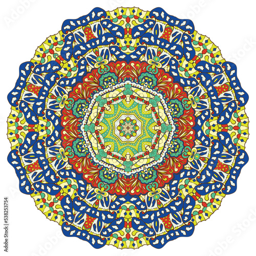 Mandala. Tracery wheel image. Mehndi design. Ethnic doodle art. Curved doodling picture. Vector