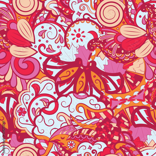 Tracery seamless pattern. Mehndi design. 6 colors. Ethnic doodle texture. Curved doodling background. Vector