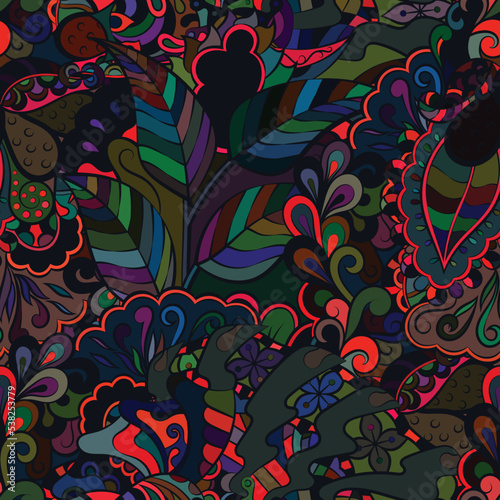 Tracery seamless pattern. Mehndi design. Dark sharp colors. Ethnic doodle texture. Curved doodling background. Vector