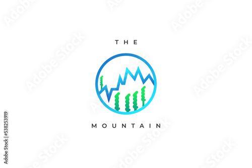 Blue Mountain Logo with Green Forest in Minimal Concept. Mountain Hill Vector Illustration. Suitable for Resort, Camp and Tourism Industry Logo