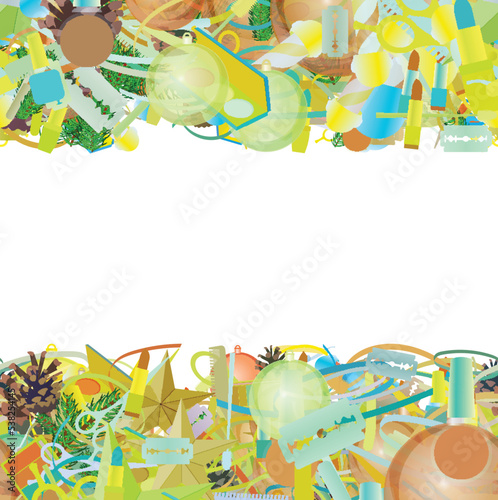 Background pattern abstract seamless design texture. Horizontal stripes. Border frame, transparent background. Theme is about razor blade, nail polish, green needles, shaving, star, evergreen