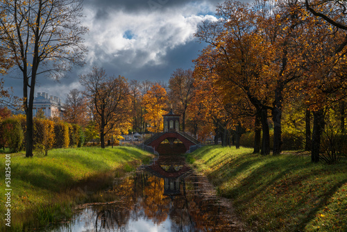 Cross bridge (Krestovy bridge) in the Alexander Park of Tsarskoye Selo on a sunny autumn day, Pushkin, St. Petersburg, Russia