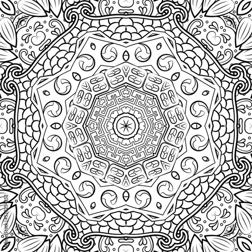 Seamless tile texture. Tracery mehndi design image. Binary monochrome black and white. Ethnic doodle art. Curved doodling picture. Vector