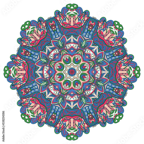 Mandala. Tracery wheel image. Mehndi design. Ethnic doodle art. Curved doodling picture. Vector