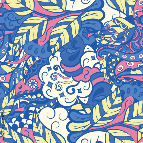 Tracery seamless pattern. Mehndi design. 6 colors. Ethnic doodle texture. Curved doodling background. Vector