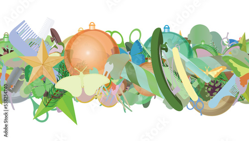 Background pattern abstract seamless design texture. Horizontal stripe. Border frame, transparent background. Theme is about shaving, branch, tree, evergreen, summer, comb, santa, wild, green needles