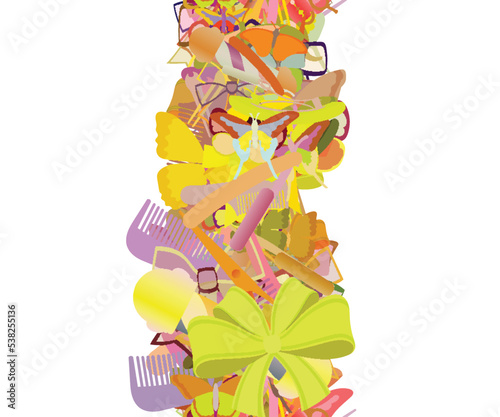 Background pattern abstract seamless design texture. Vertical stripe. Border frame, transparent background. Theme is about silhouette, barrette, ribbons, slip, adornment, graphic, shaving