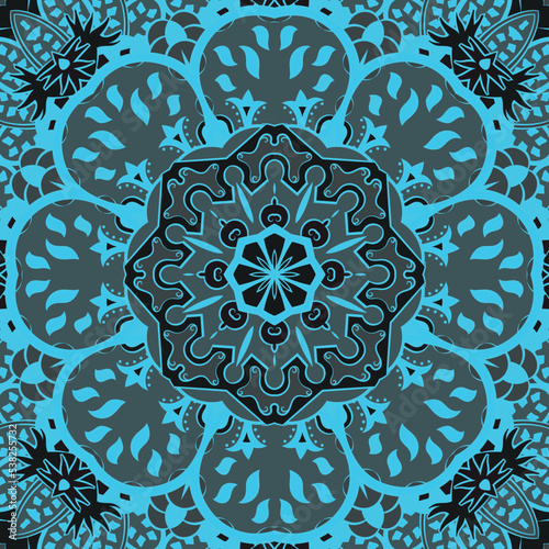 Seamless tile texture. Tracery mehndi design image. Dark toxic colors. Ethnic doodle art. Curved doodling picture. Vector