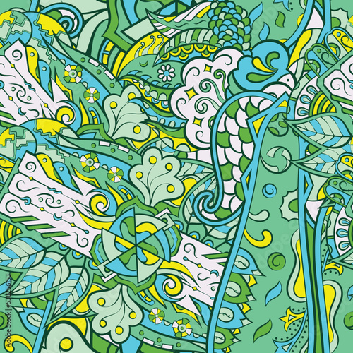 Tracery seamless pattern. Mehndi design. 7 colors. Ethnic doodle texture. Curved doodling background. Vector