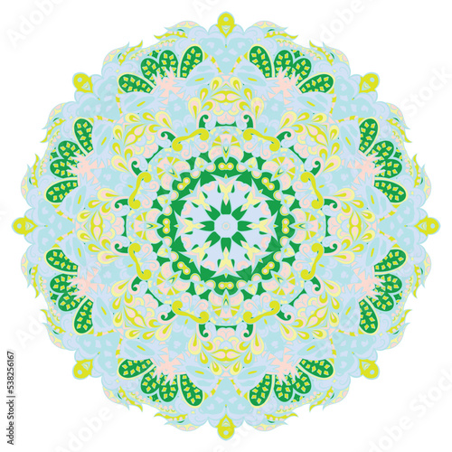 Mandala. Tracery wheel image. Mehndi design. Ethnic doodle art. Curved doodling picture. Vector