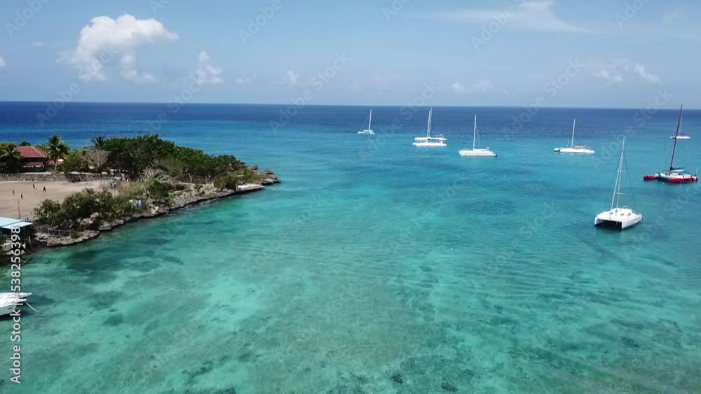 drone view, tropical beach white sand palm trees, catamaran on a sunny day drone view, tropical beach white sand palm trees, catamaran on a sunny day