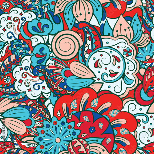 Tracery seamless pattern. Mehndi design. 7 colors. Ethnic doodle texture. Curved doodling background. Vector
