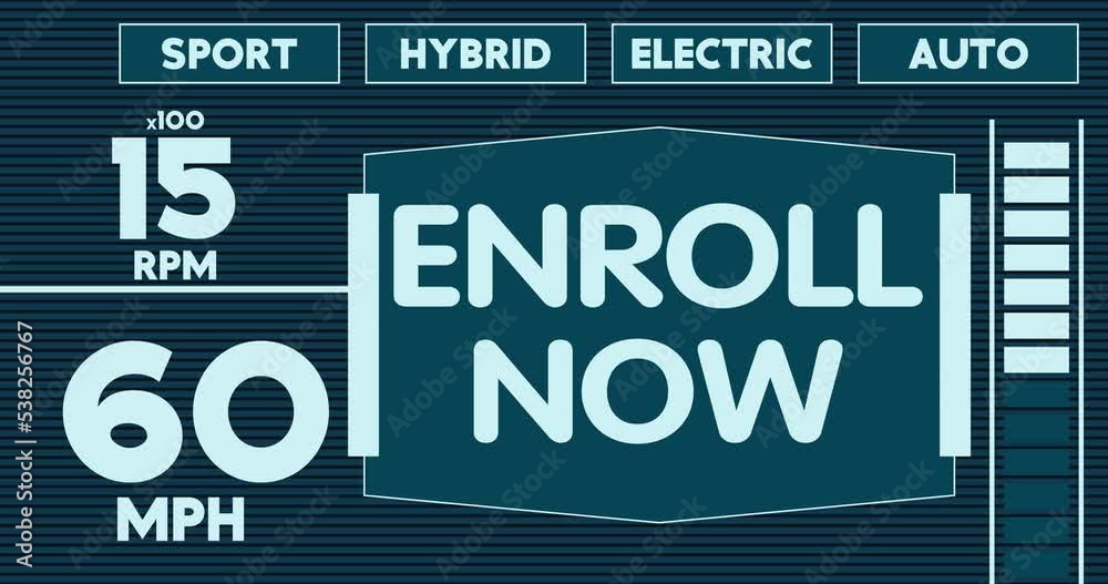 Futuristic Car Dashboard with Enroll Now Text. Digital Graphical User Interface Animation. Futuristic Car Dashboard with Enroll Now Text. Digital Graphical User Interface Animation.
