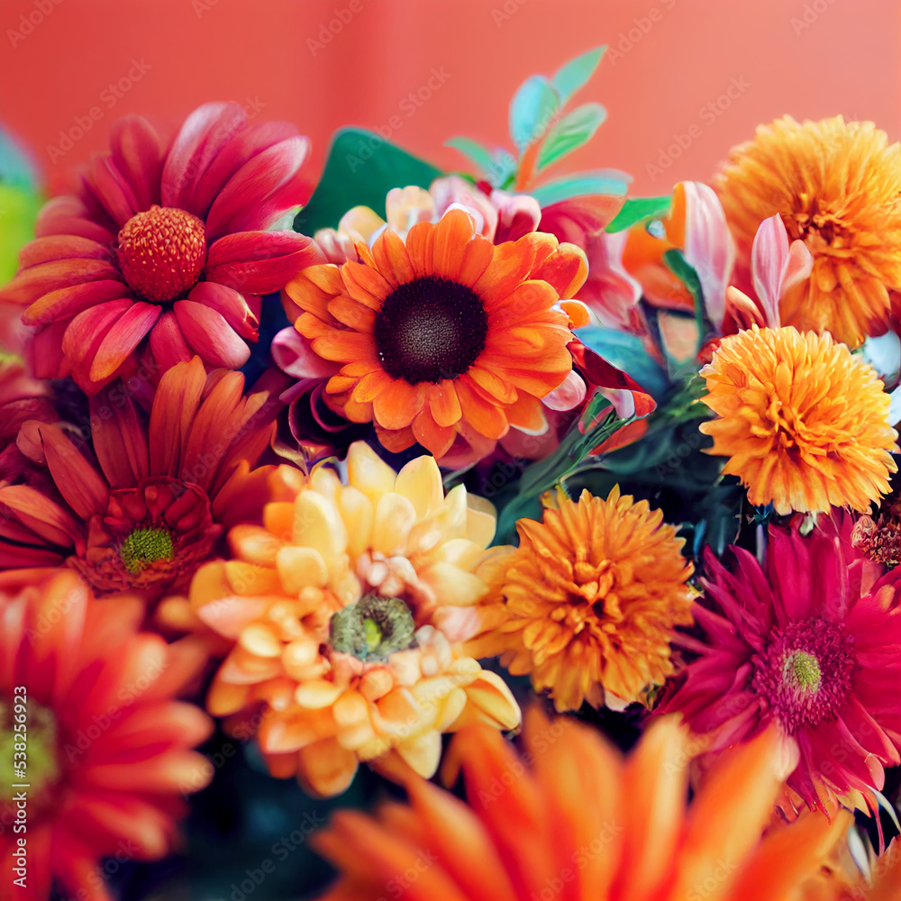 Fototapeta premium Different beautiful flowers. Panorama of colorful summer flowers. Beautiful bouquet of flowers. Close up of wedding flowers