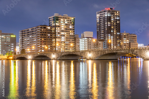 信濃川に架かる萬代橋と新潟市の夜景 © kelly marken