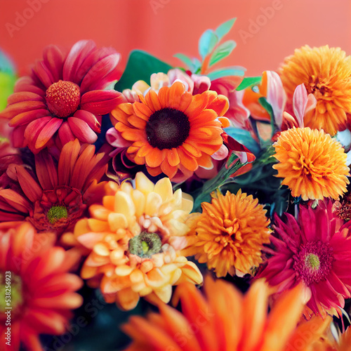 Different beautiful flowers. Panorama of colorful summer flowers. Beautiful bouquet of flowers. Close up of wedding flowers