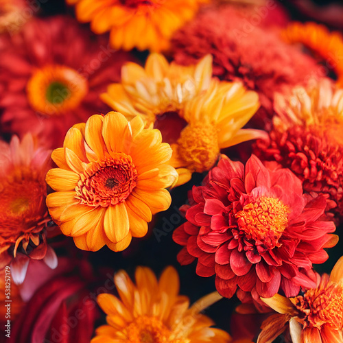 Different beautiful flowers. Panorama of colorful summer flowers. Beautiful bouquet of flowers. Close up of wedding flowers
