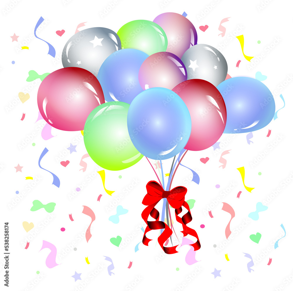 Illustration colorful bouquet balloon and red ribbon on transparent background.Object for decorate greeting card, wallpaper,web,Happy new year,Valentine, birth day,wedding .png.