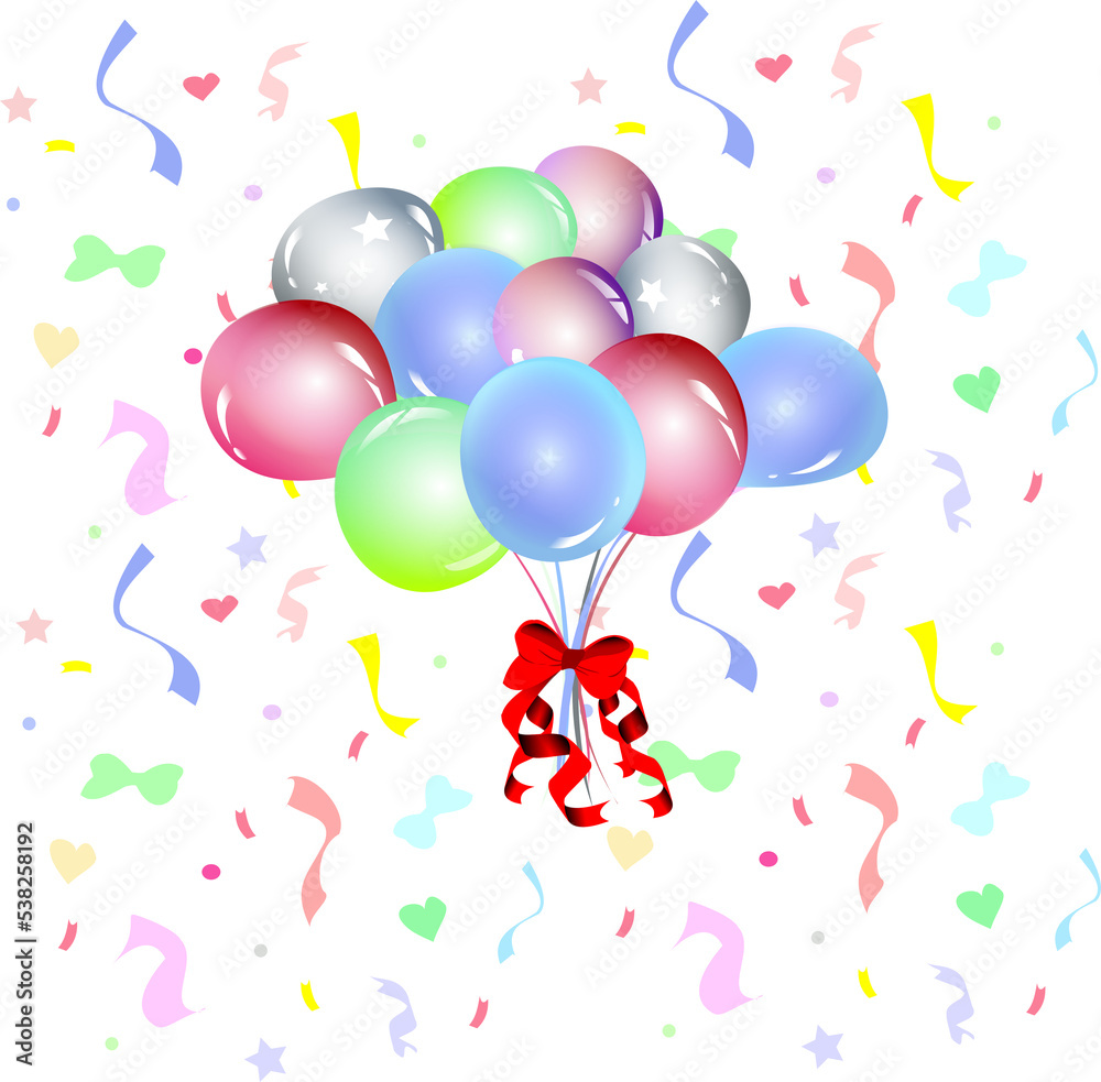 Illustration colorful bouquet balloon and red ribbon on isolate white background.Object for decorate greeting card, wallpaper,web,gift wrap,Happy new year,Valentine, birth day,wedding and party.