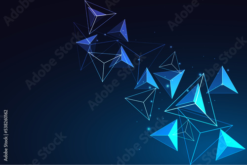 Abstract futuristic dynamic banner with glowing blue triangles and tetrahedra on blue background photo