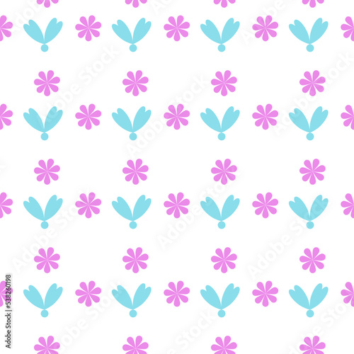 Hand drawn vector  seamless pattern pink flowers and blue hearts.