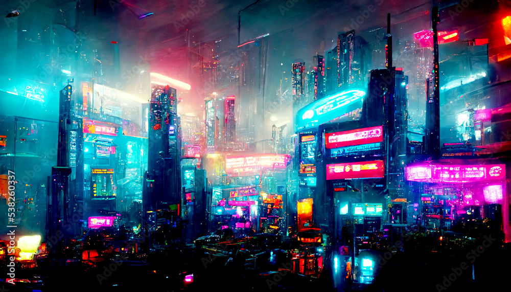 Futuristic cyberpunk city full of neon lights at night, Retro future illustration in a style of pixel art, Blurred background