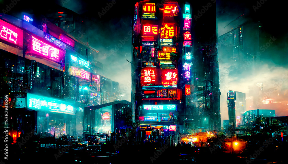 Futuristic cyberpunk city full of neon lights at night, Retro future illustration in a style of pixel art, Blurred background