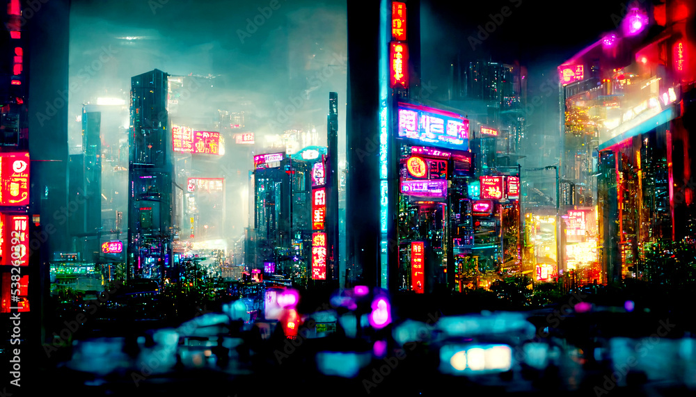 Futuristic cyberpunk city full of neon lights at night, Retro future illustration in a style of pixel art, Blurred background