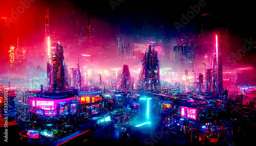 Futuristic cyberpunk city full of neon lights at night  Retro future illustration in a style of pixel art  Blurred background