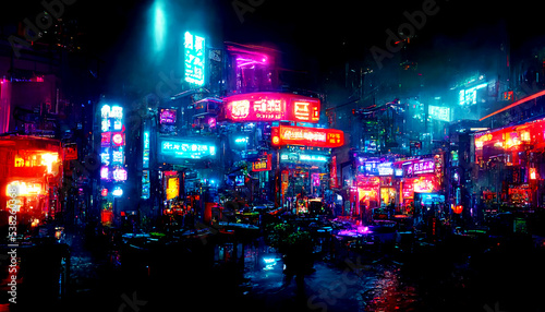 Futuristic cyberpunk city full of neon lights at night, Retro future illustration in a style of pixel art, Blurred background © Gun1215
