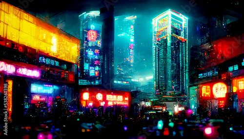 Futuristic cyberpunk city full of neon lights at night  Retro future illustration in a style of pixel art  Blurred background