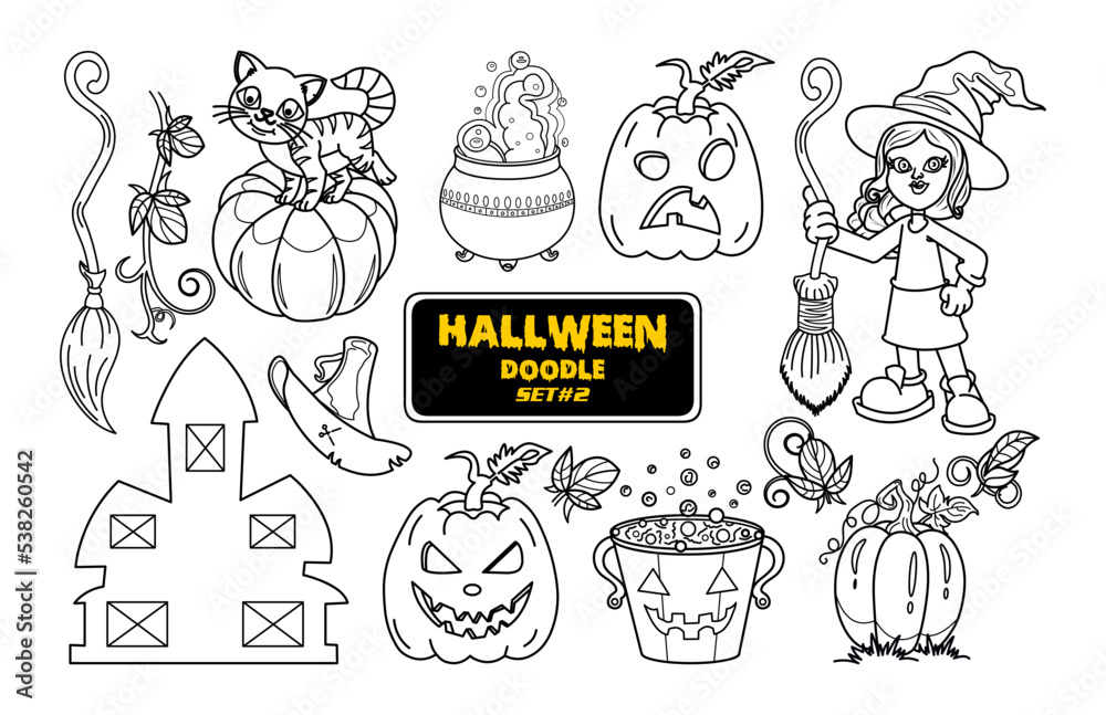 Halloween hand drawn doodle. Cute Halloween Digital Stamp Set.