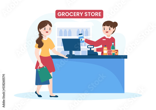 Grocery Store or Supermarket with Food Product Shelves, Racks Dairy, Fruits and Drinks for Shopping in Flat Cartoon Hand Drawn Templates Illustration © denayune