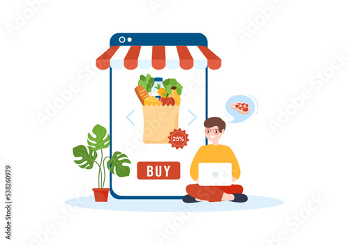 Online Grocery Store or Supermarket to Order Daily Necessities or Food via the App in Flat Cartoon Hand Drawn Templates Illustration